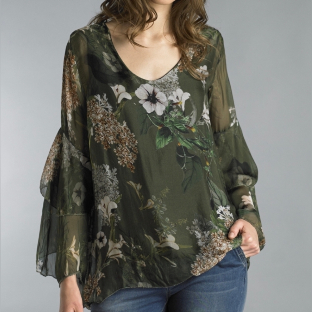 Tempo Paris Silk Sleeve Bell Floral Sheer Blouse Green Sz S/M Fairycore Cottagec